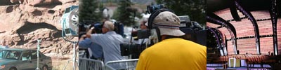 Nick foreground shooting the Kobe Bryant Trial in Eagle Colorado. Colorado ENG video crew.